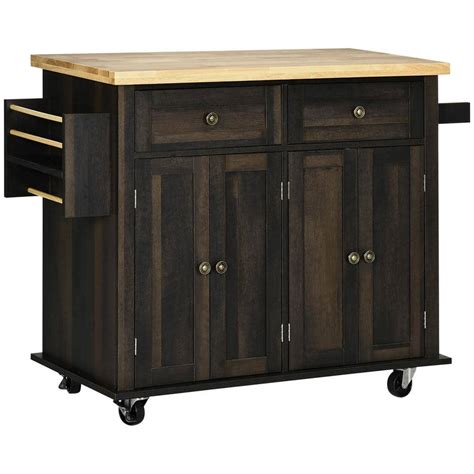 Homcom Modern Rolling Kitchen Island Cart With Spice Rack Brown Oak