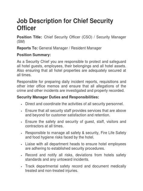 Job Description For Chief Security Officer Safety Securities