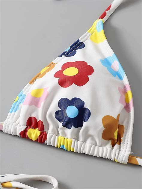 Kvinnors Blommiga Tryck Bikini Upps Ttningar Grimma Slips Sida Triangel Sexiga Baddr Kter