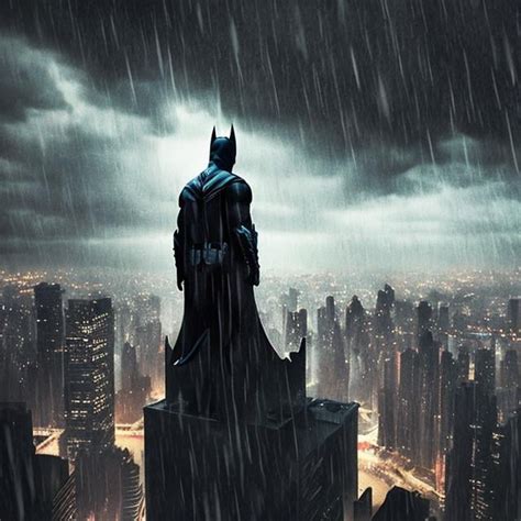 Batman Looking Over The City With Rain Pouring