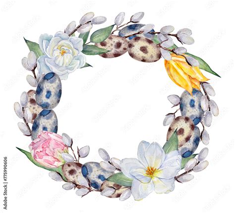 Watercolor Easter Wreath With Hand Painted Illustrations Of Tulips