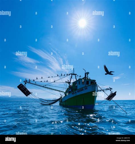 Shrimp fishing boat, Rincon de Guayabitos, Compostela municipality ...