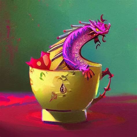 Tiny Jeweled Dragon Sitting In A Teacup Painting By Stable Diffusion