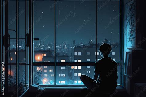 Anime Guy Sitting On Window And Looking At The Night City Stock