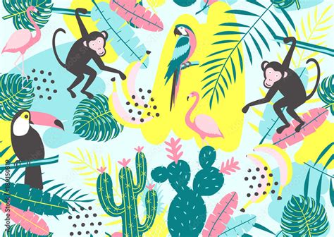 Tropical Seamless Pattern With Toucan Flamingos Parrot Monkey