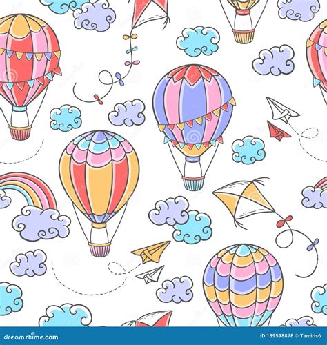 Cartoon Seamless Pattern With Hot Air Balloons Kites Paper Planes Clouds And Rainbow On White