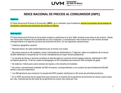 Actividad Inpc Ndice Nacional De Precios Al Consumidor Inpc