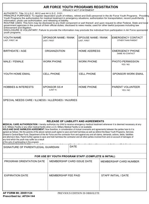 AF Form 88 – Air Force Youth Programs Registration - AF Forms