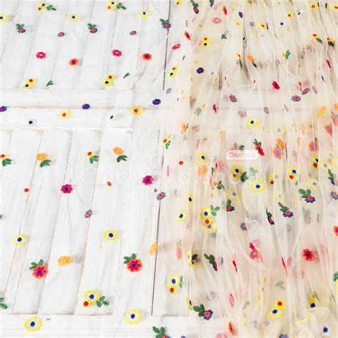 Chrysanthemum Flowers Embroidery Soft Nude Mesh Fabric OneYard