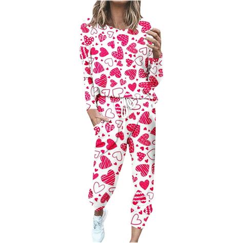 Virmaxy Womens Valentines Day Love Printing Pajamas Set Fashion Long