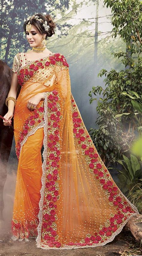 Party Wear Orange Heavy Work Saree Saree Designs Party Wear Sarees