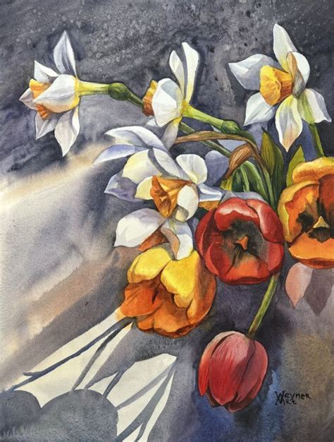 Tulips And Daffodils. Flowers In A Vase, Painting by Natalia Veyner ...