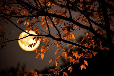 Premium Photo | Fall Harvest Moon Through Branches Shows The Full Moon ...