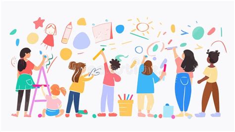 Creative Children Drawing on a Wall, Portraying Happy and Playful Kids ...