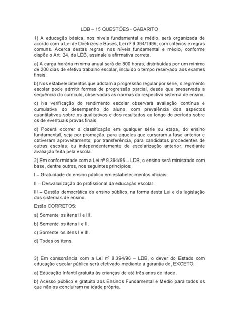Questoes Sobre Ldb - Gabarito de 15 Questões sobre LDB | PDF | Pré-escola | Ensino médio