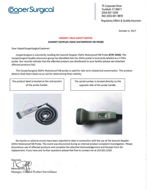 Recall Summit Doppler Mhz Probe Urgent Field Safety Notice Oct