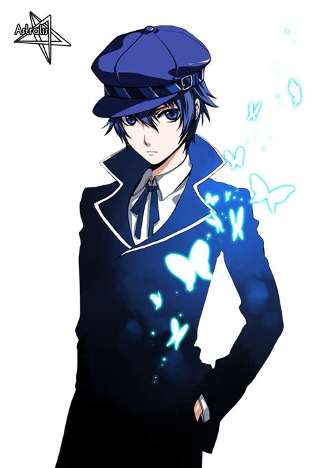 An Anime Character With Black Hair And Blue Eyes Wearing A Fedora