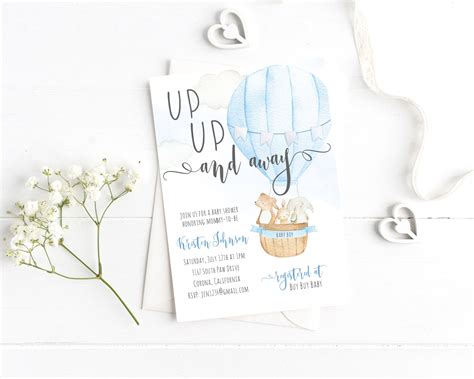Blue Hot Air Balloon Baby Shower Invite Up Up And Away Boy Etsy