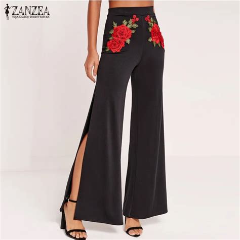 Zanzea Women Wide Leg Pants 2017 Vintage Floral Embroidery Trousers