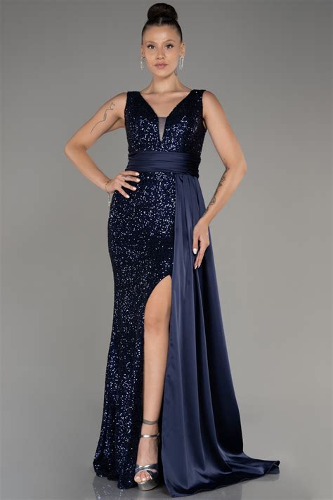 Navy Blue Slit Sequined Long Evening Dress Abu4028