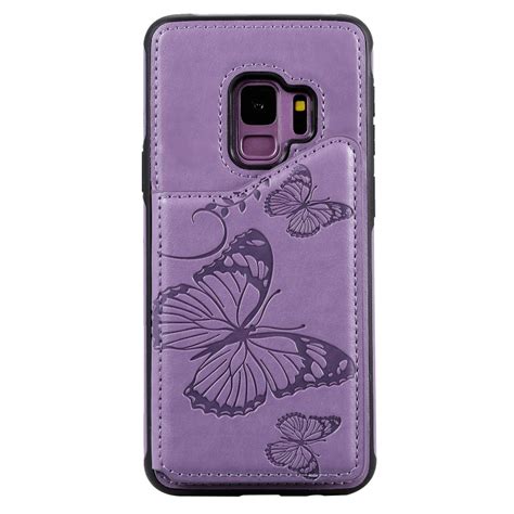 สำหรับ Galaxy S9 ลายนูนผีเสื้อเคสกันกระแทกพร้อมตัวยึดและช่องเสียบการ์ดและกรอบรูป สีม่วง