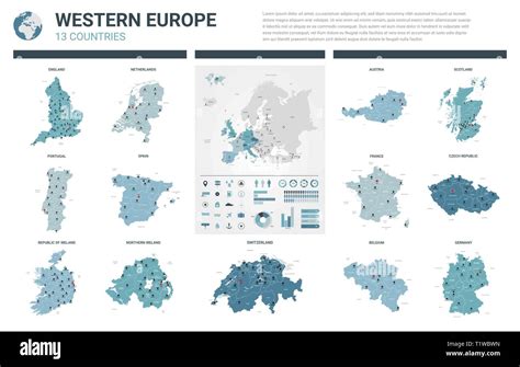 Vector maps set. High detailed 13 maps of Western Europe countries with ...