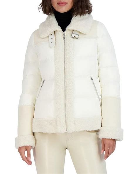 Tahari Selena Faux Fur Trim Puffer Jacket In Natural Lyst