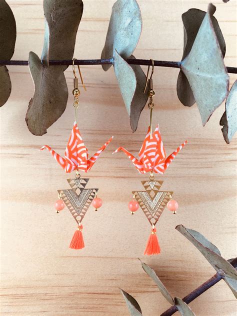 Boucles D Oreilles En Origami Grues En Papier Washi Etsy Grue En