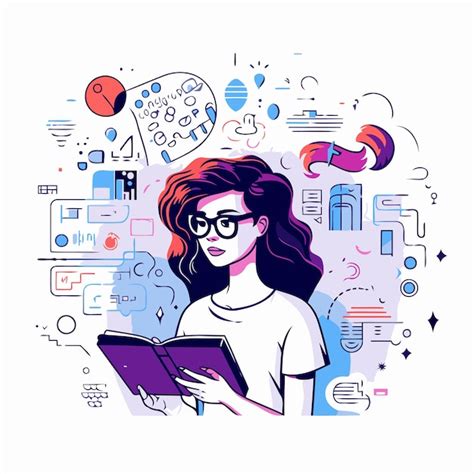 Ilustraci N Vectorial De Una Mujer Joven Con Gafas Leyendo Un Libro