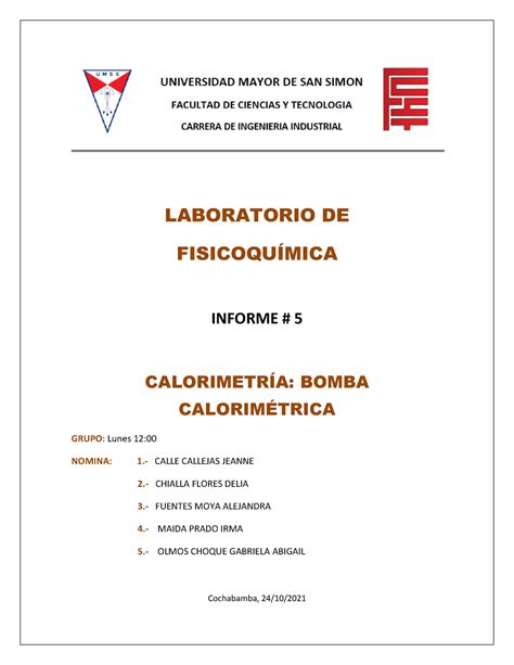 Informe 5 LABORATORIO DE FISICOQUÍMICA INFORME 5 CALORIMETRÍA