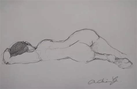 Original Pencil Drawing Of A Reclining Nude Female On Ivory White Paper