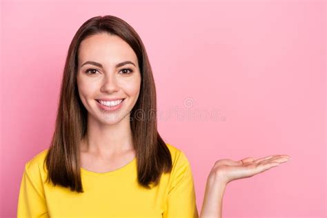 Photo Of Cute Brunette Hair Millennial Lady Hold Hand Wear Yellow T