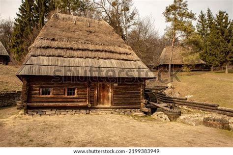 Traditional Ukrainian Wooden House Thatched Roof Stock Photo