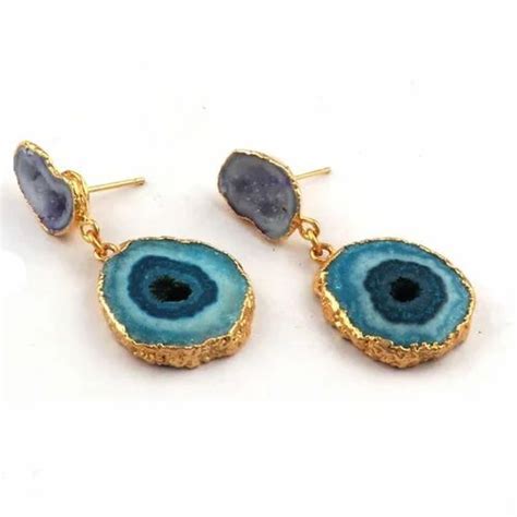 Green Round Gold Plated Solar Druzy Earring Size Mm At Rs Pair