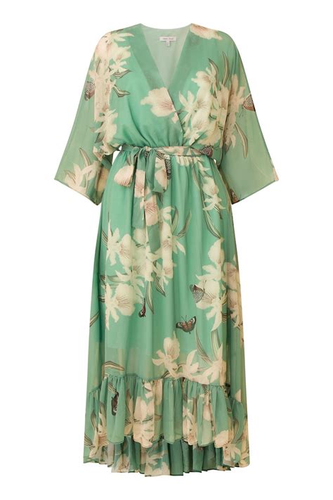 Buy Yumi Sage Green Floral Kimono Sleeves Dip Hem Wrap Midi Dress From