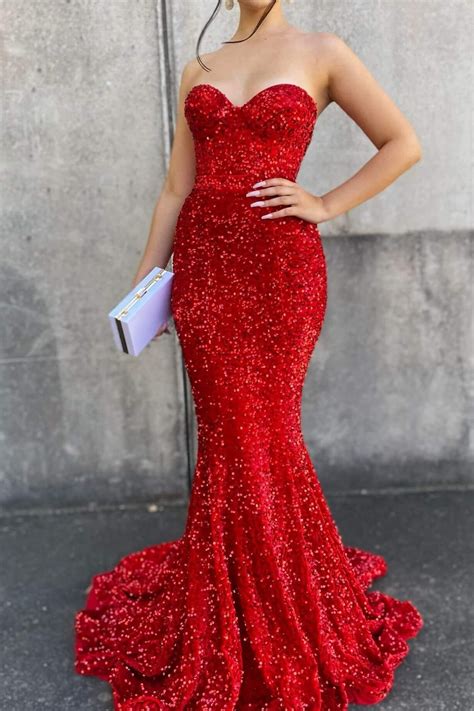 Red Long Sweetheart Mermaid Prom Dress With Sequins Ballbellas