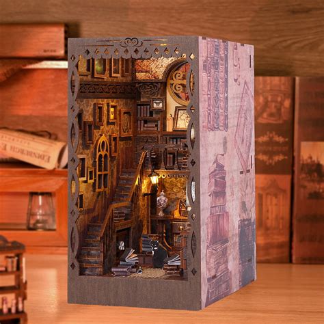 DIY Book Nook Kit 3D Wooden Puzzle Bookshelf Insert Decor Sensor Light