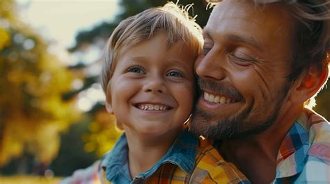 Premium Photo A Father And Son Smiling And Hugging Each Other