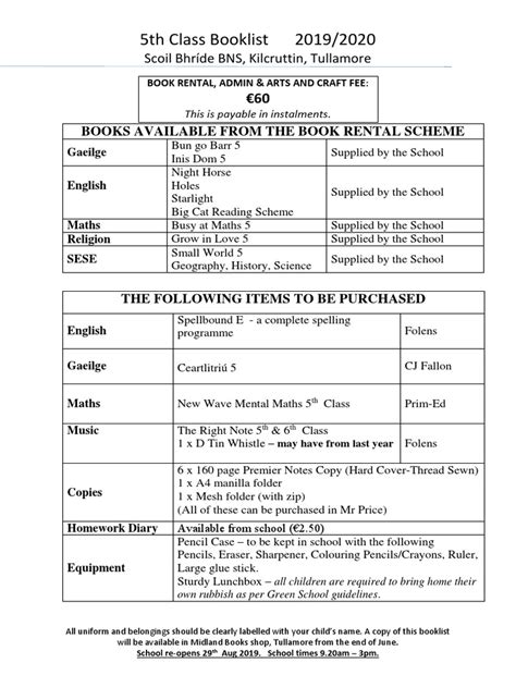 5th Class Book List 2019 To 2020 Pdf Stationery Conservation And