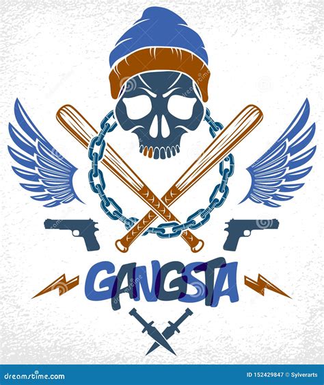 Brutal Gangster Emblem Or Logo With Aggressive Skull Baseball Bats And