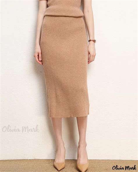 Oliviamark Elegant High Waisted Wool Knitted Midi Skirt Featuring A