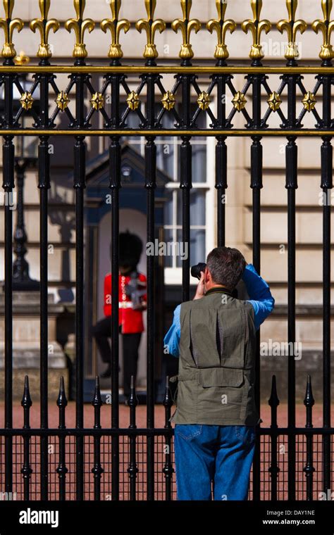 Visitor Photographing Guardsman On Sentry Duty At Buckingham Palace