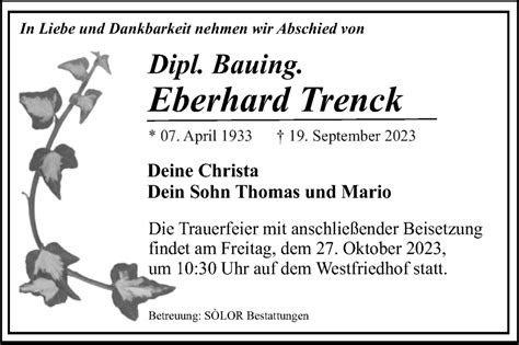 Traueranzeigen Von Eberhard Trenck Abschied Nehmen De