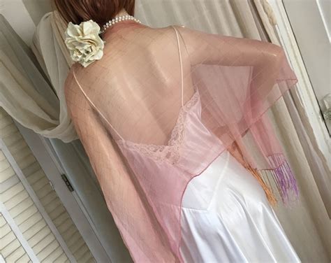 Vintage 1920s Style Sheer Pale Pink Nude Silk Chiffon Fringed Shawl Ombre One Size Fits All