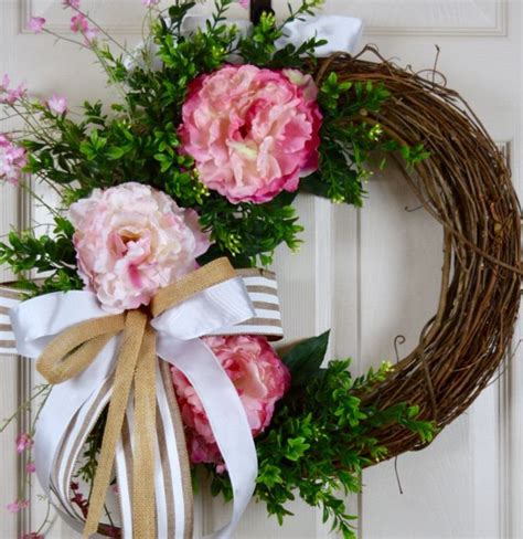 Pink Peony Grapevine Wreath With Boxwood And Wildflowers Spring Floral