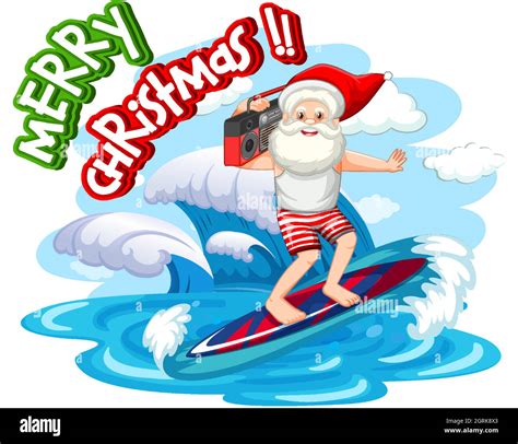 Santa Claus Surfing At The Beach For Summer Christmas Stock Vector