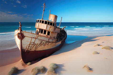 Premium Ai Image Ship Ran Aground On Sandy Beach With The Clear Blue