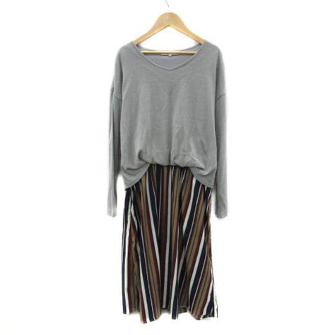 キューティーブロンド Cutie Blonde ニットワンピース ミモレ丈 長袖 Vネック 無地 ストライプ柄 切替 L マルチカラー グレー