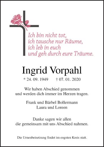 Traueranzeigen Von Ingrid Vorpahl Noz Trauerportal