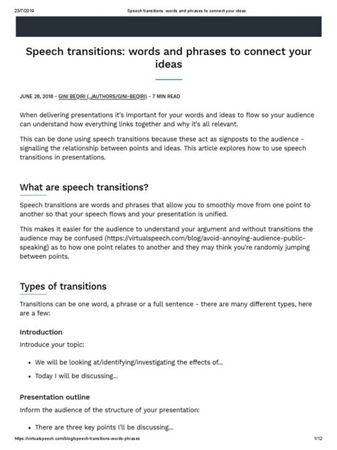 Speech Transitions - Words and Phrases To Connect Your Ideas | PDF | Phrase | Word